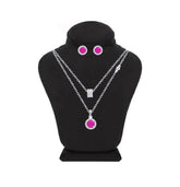 Asfour Crystal Jewelry Set Of Necklace & Earrings With Fuchsia Round Design In 925 Sterling Silver -SM0021-F